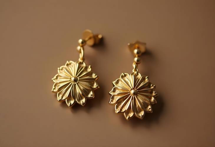 Fashionable Golden Earrings on Brown Surface